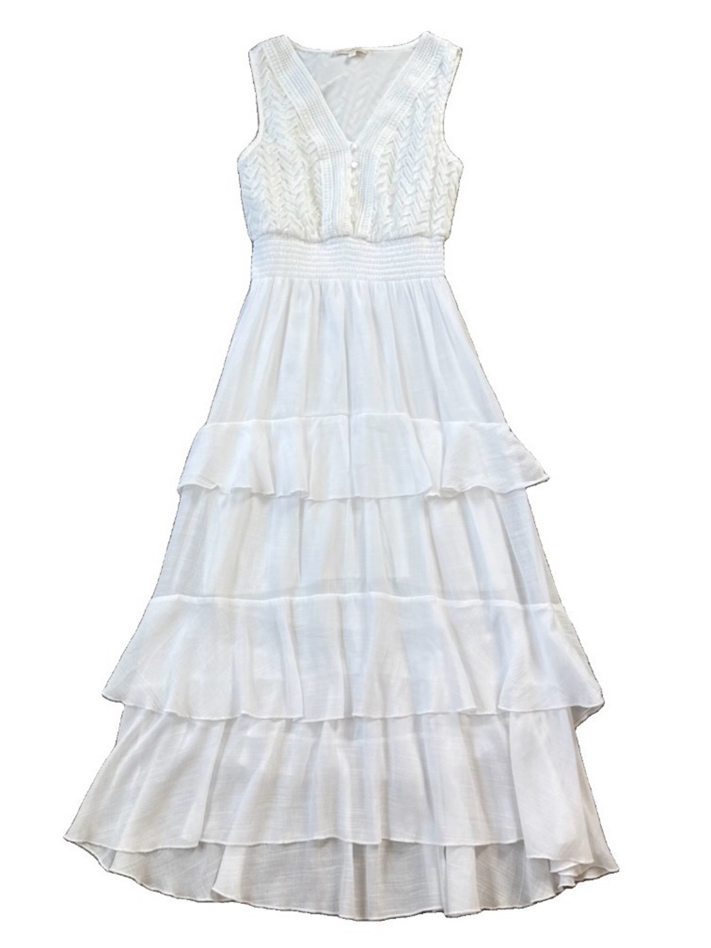 Kings Road Maxi Dress Sz Medium White V-Neck Layered Lined Smocked Waist